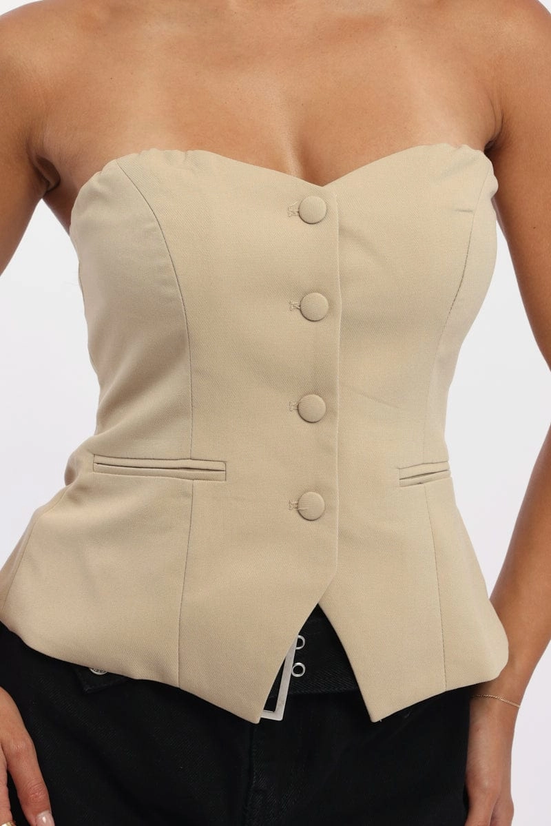 Beige Bandeau Vest Sleeveless Sweetheart Tailored