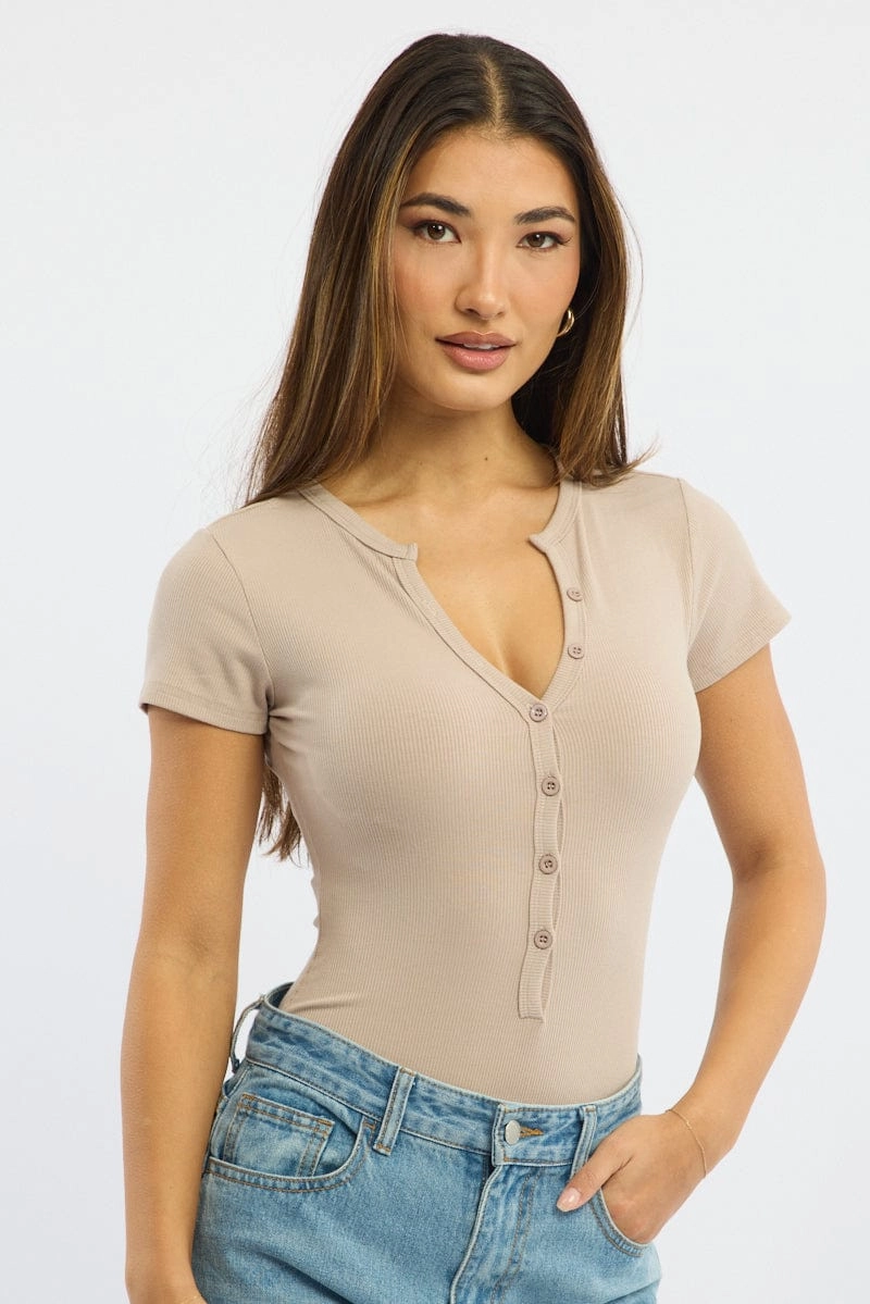 Beige Bodysuit Short Sleeve Button Front Rib