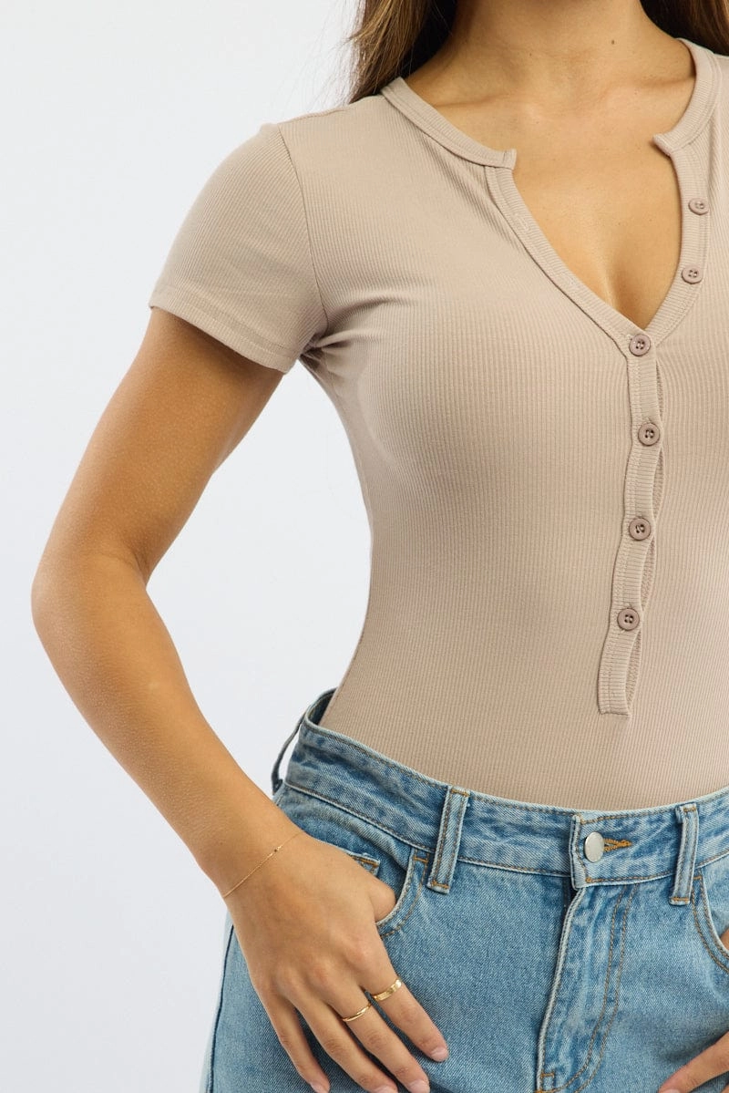 Beige Bodysuit Short Sleeve Button Front Rib