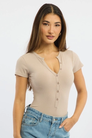 Beige Bodysuit Short Sleeve Button Front Rib