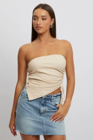 Beige Tube Top Side Ruched Linen Blend