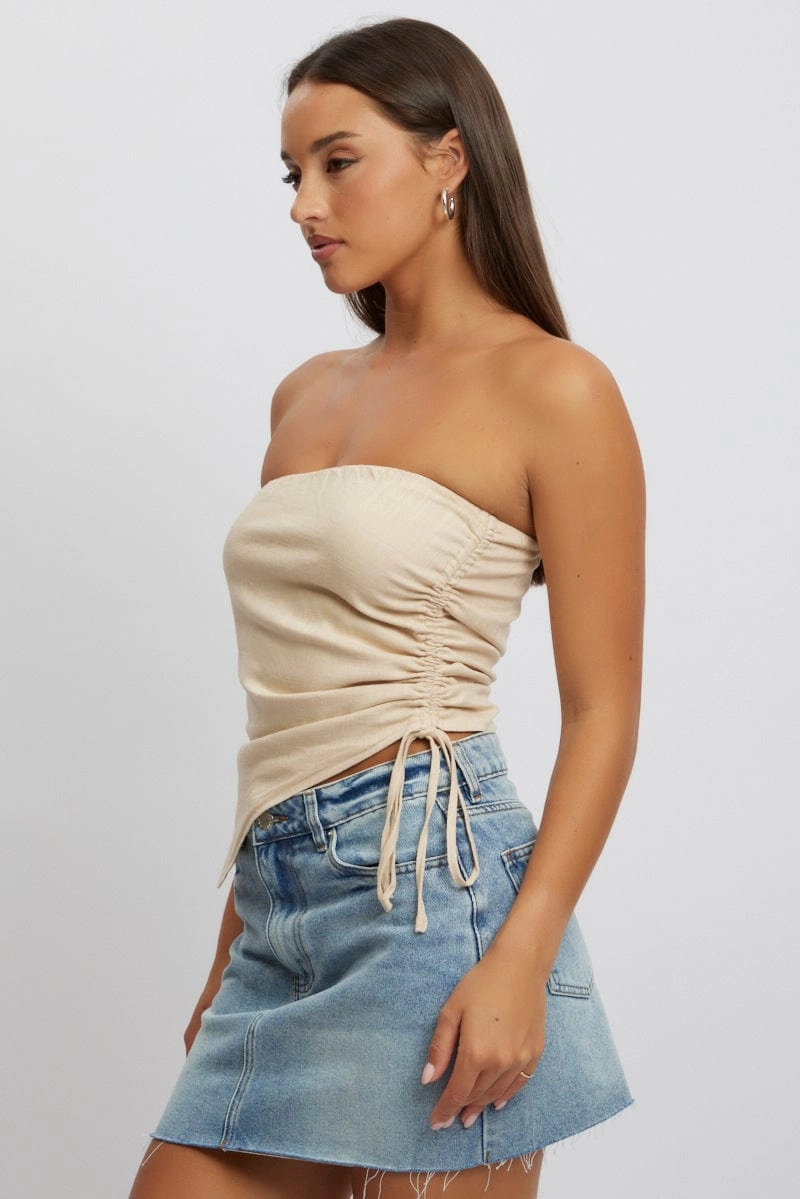 Beige Tube Top Side Ruched Linen Blend