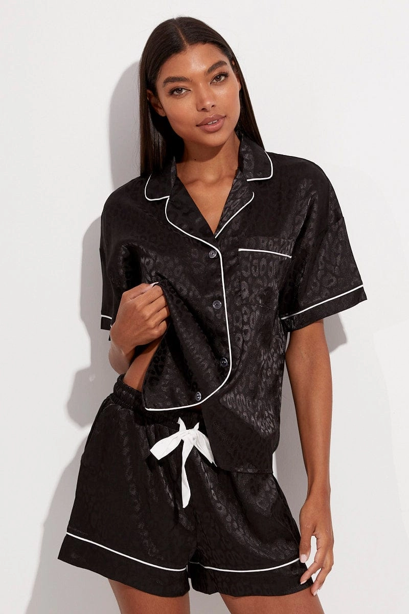 Black Animal Print Animal Pj Jacquard Satin Piping Pyjama Set