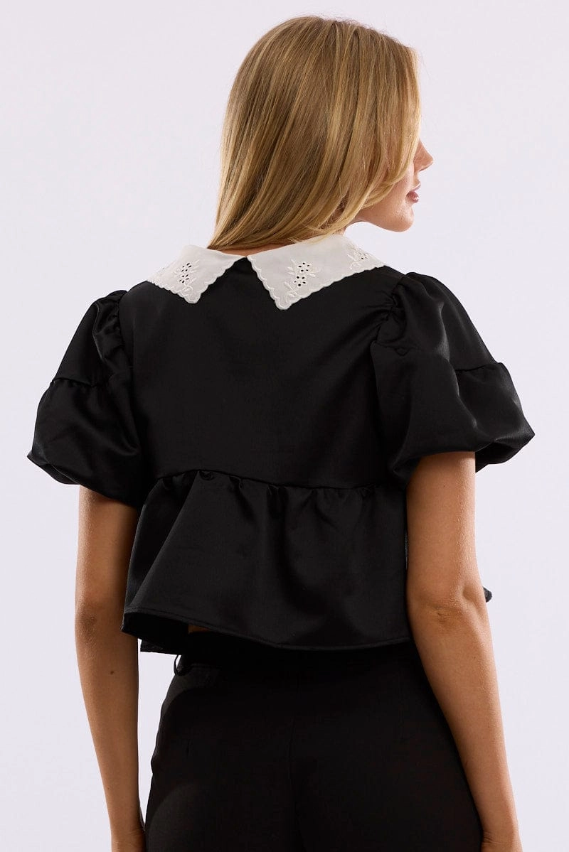 Black Babydoll Top Short Sleeve Collared Satin