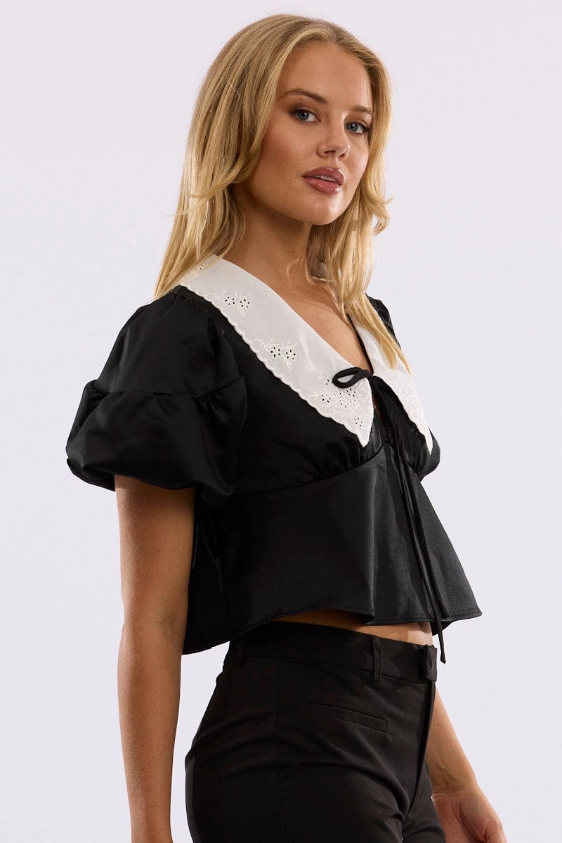 Black Babydoll Top Short Sleeve Collared Satin