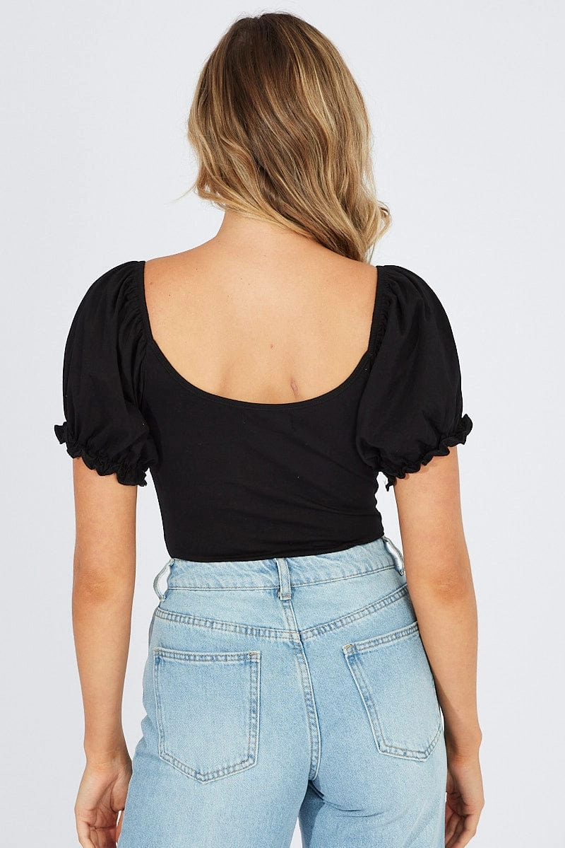 Black Bodysuit Short Sleeve Sweetheart Neckline Jersey
