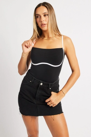 Black Bodysuit Sleeveless Contrast Detail Seamless