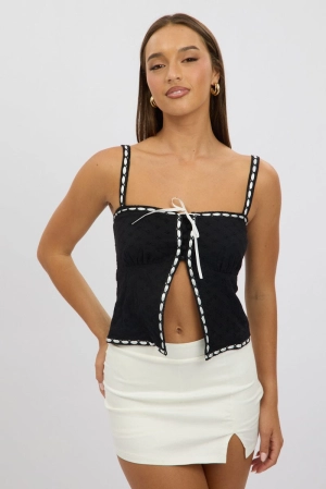 Black Cami Top Sleeveless Lace Trim Ribbon