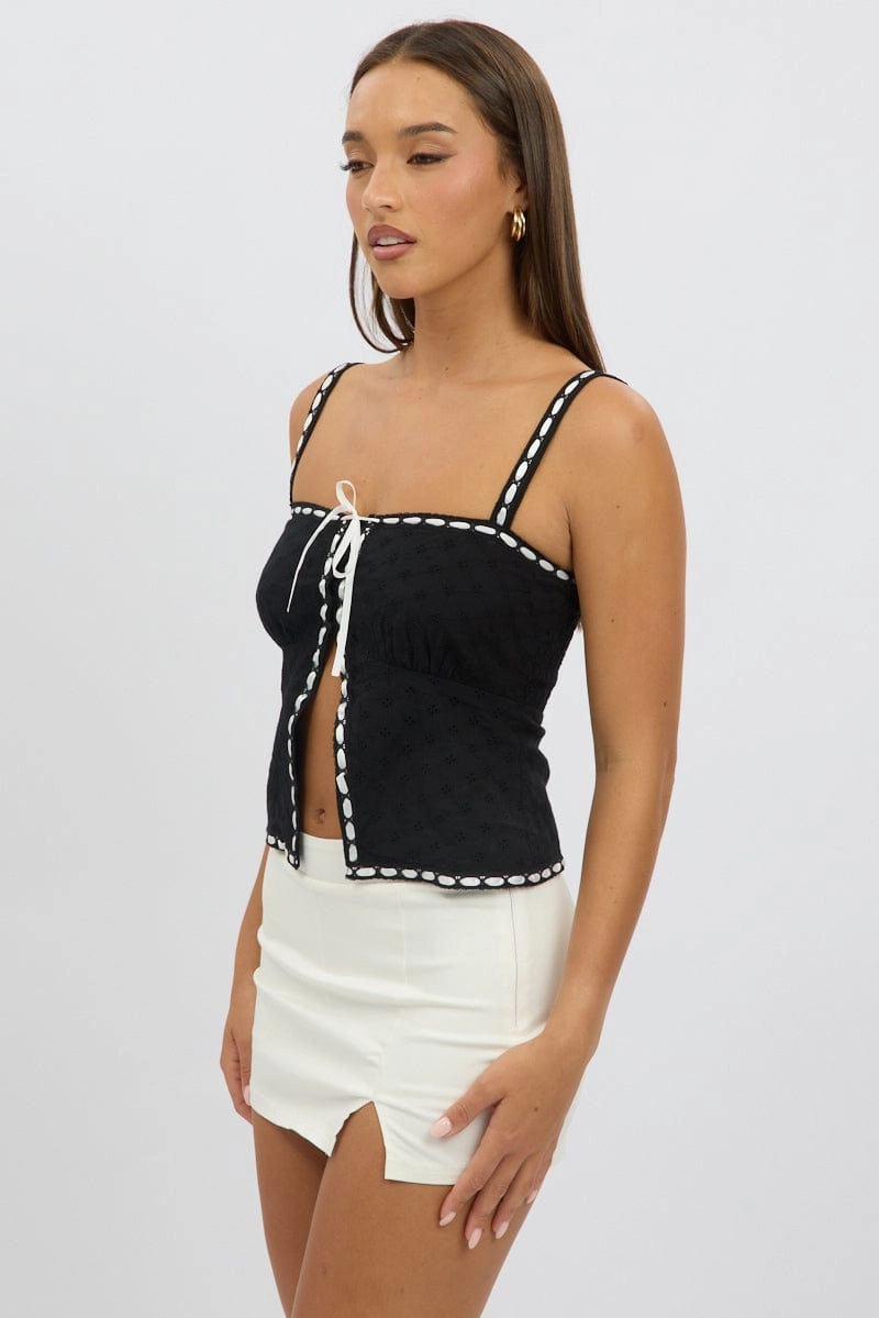Black Cami Top Sleeveless Lace Trim Ribbon