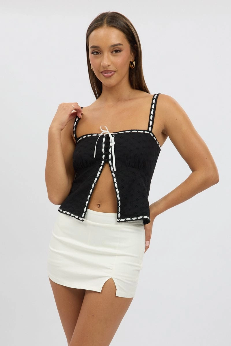 Black Cami Top Sleeveless Lace Trim Ribbon