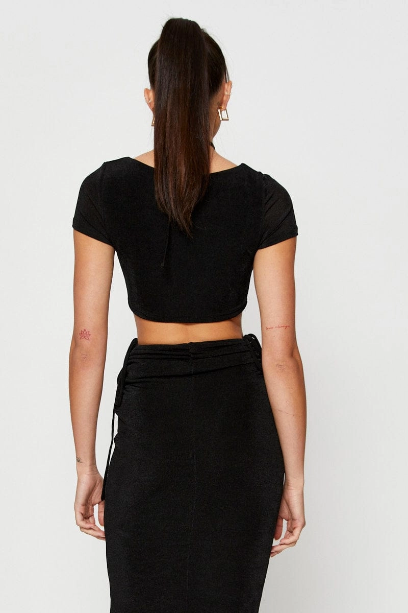 Black Crop Top Short Sleeve Halter