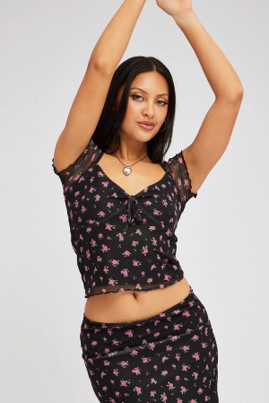 Black Ditsy Mesh Top Short Sleeve