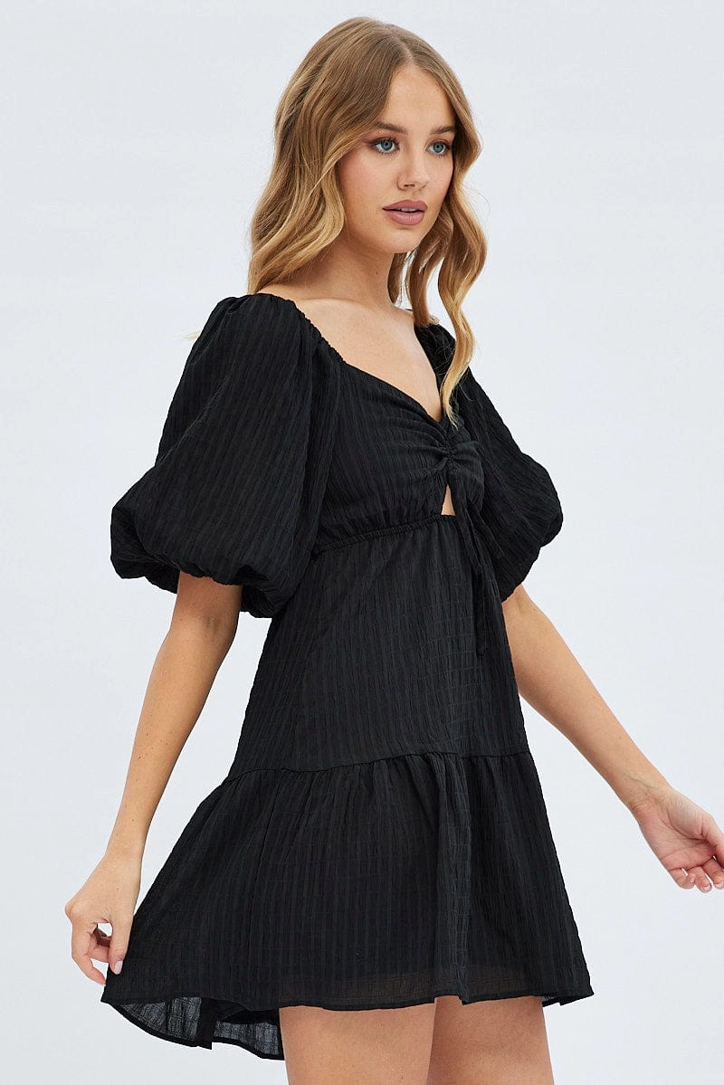 Black Fit And Flare Dress Mini Ruched Bust