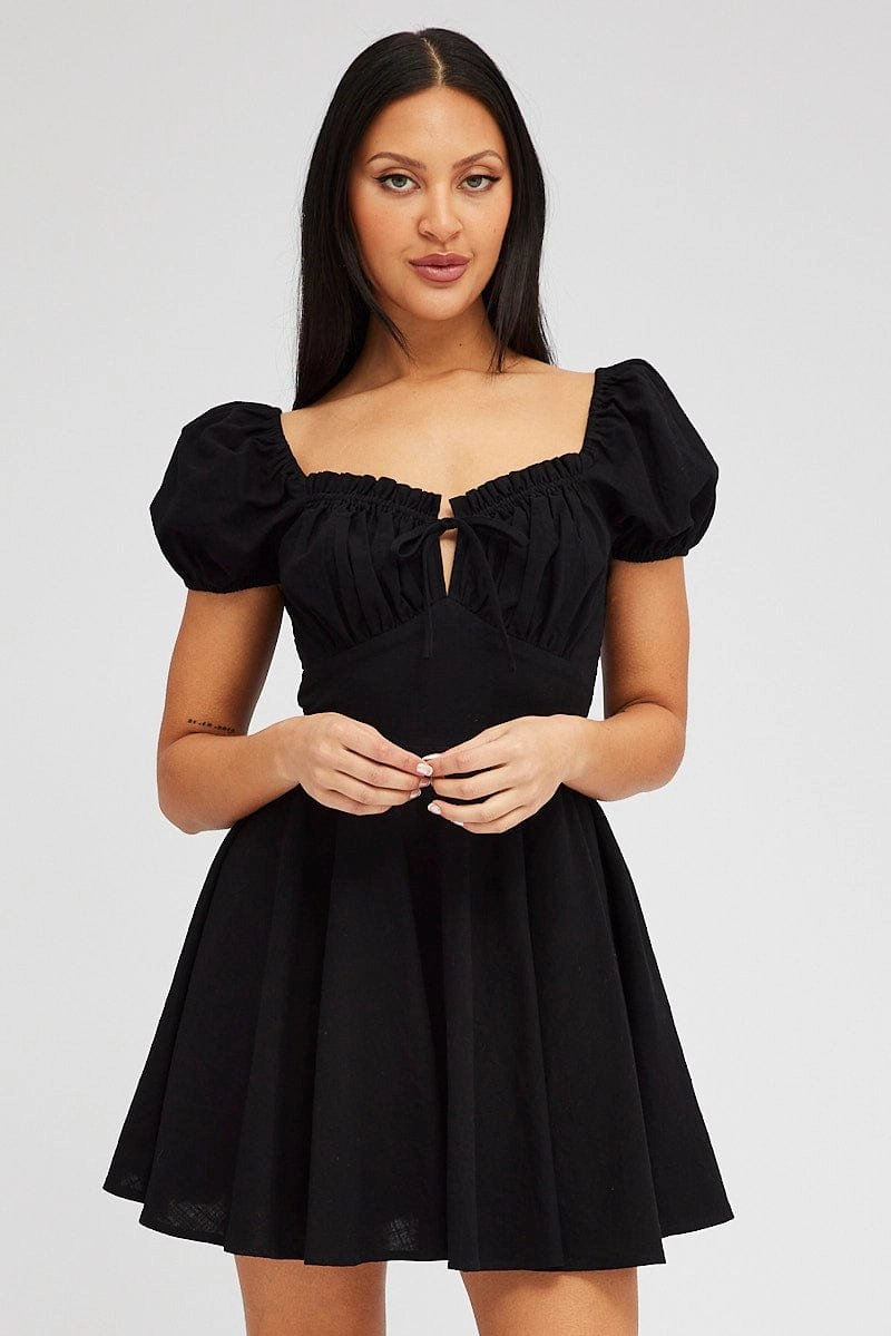 Black Fit And Flare Dress Puff Sleeve Mini