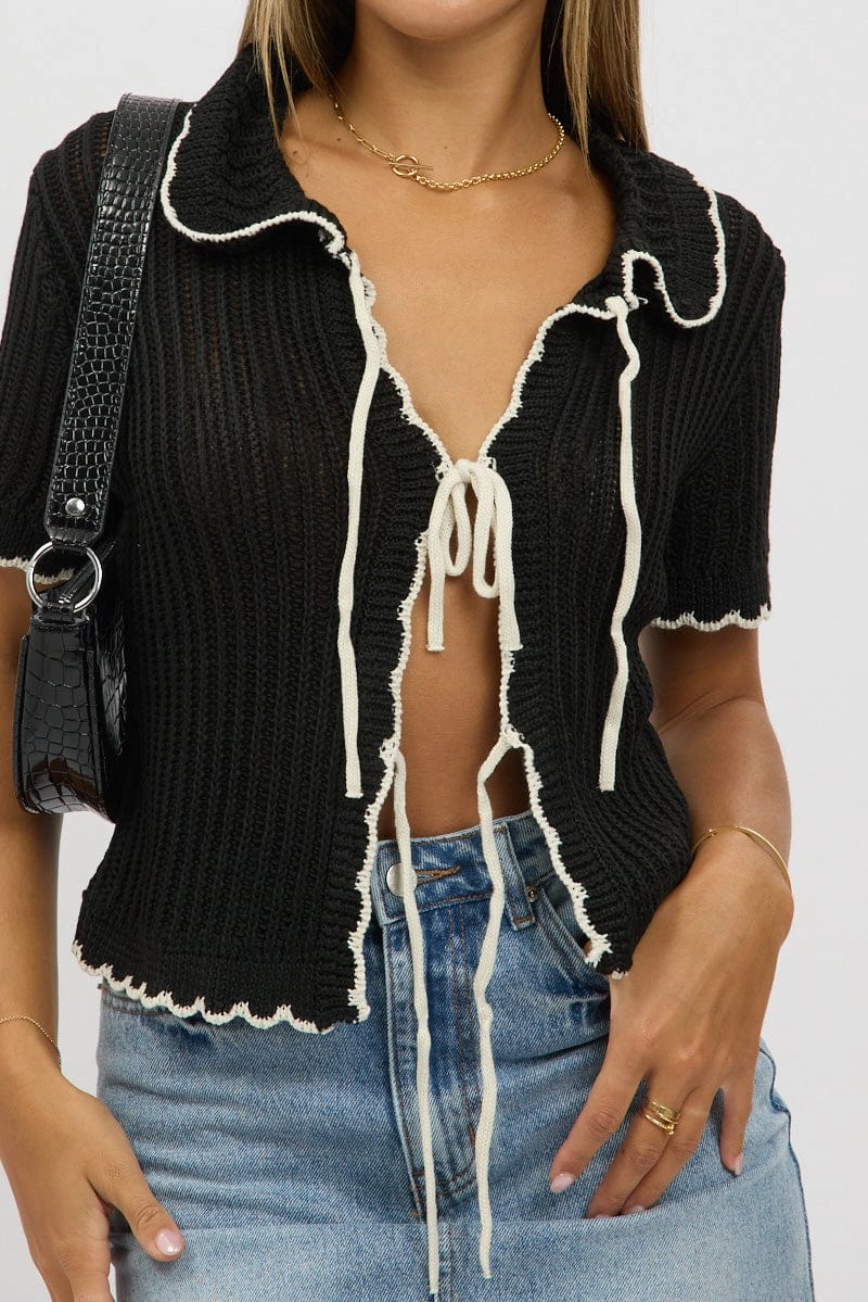 Black Knit Cardigan Short Sleeve Collared