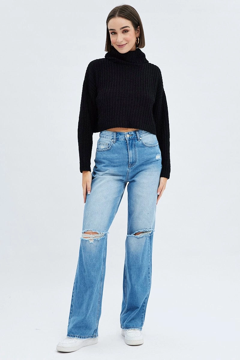 Black Knit Jumper Turtle Neck Chenille