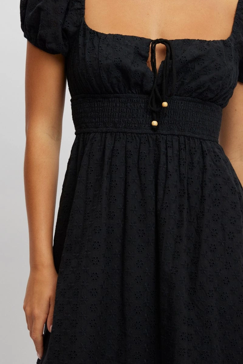 Black Maxi Dress Puff Sleeve Eyelet Fabric