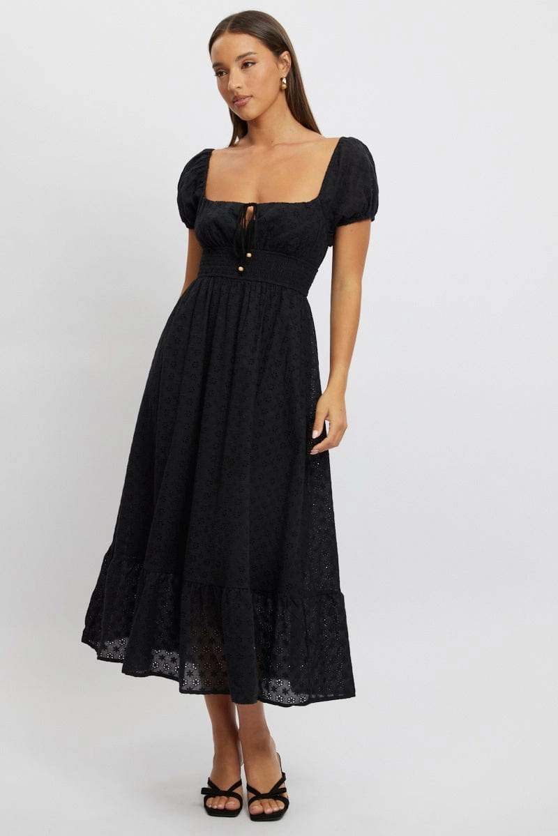 Black Maxi Dress Puff Sleeve Eyelet Fabric