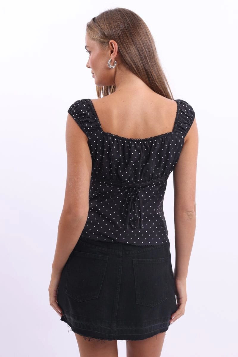 Black Polka Dot Tie Front Top Short Sleeve Lace Tape Detail
