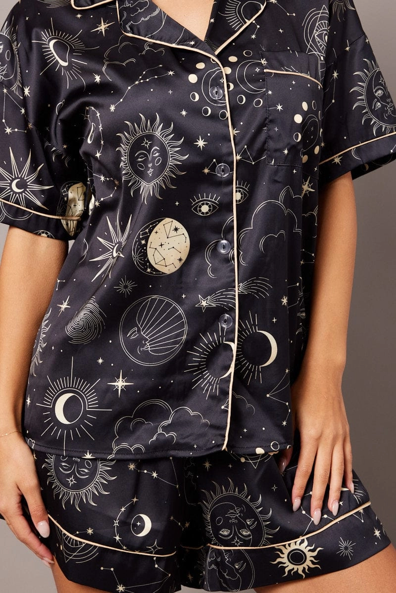 Black Print Pyjama Set Celestial Print Satin Piping Pj
