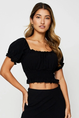 Black Puff Sleeve Top Short Sleeve Crop