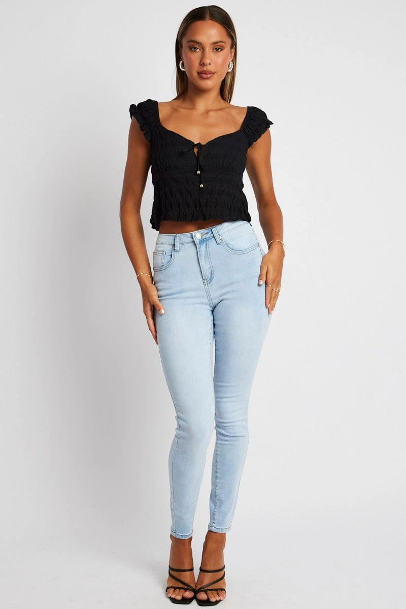 Black Puff Sleeve Top Short Sleeve