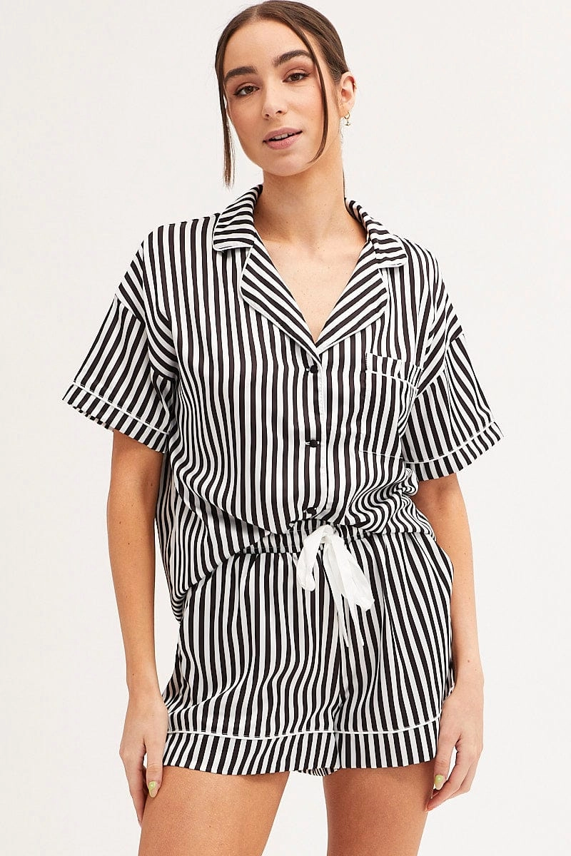 BLACK Pyjamas Set Short Sleeve Collared Shorts Satin
