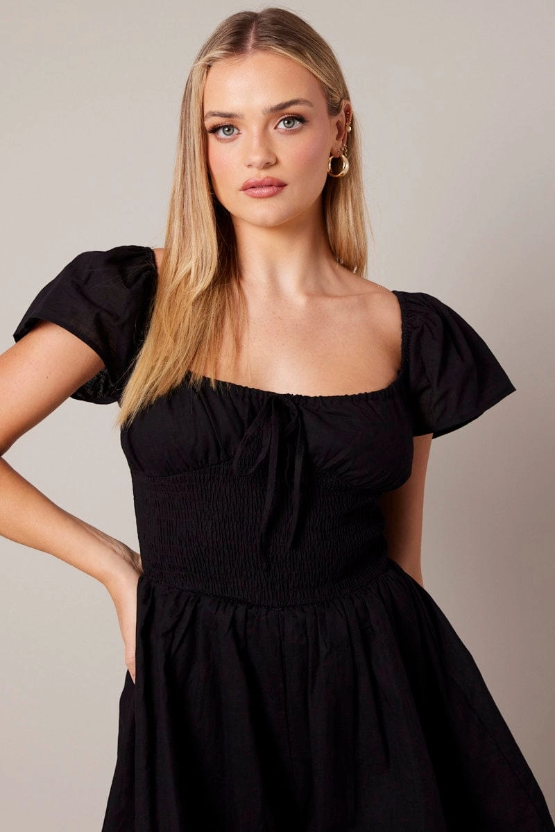 Black Shirred Playsuit Short Sleeve