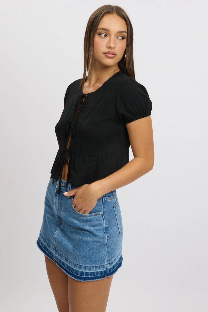 Black Tie Front Top Puff Sleeve