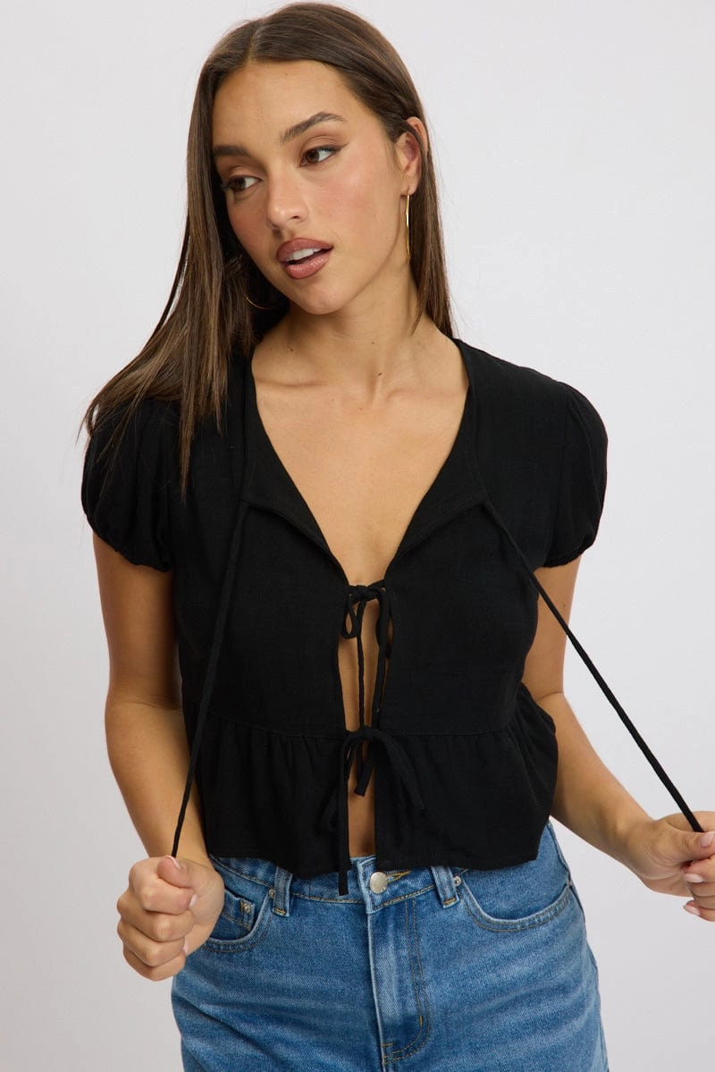 Black Tie Front Top Puff Sleeve