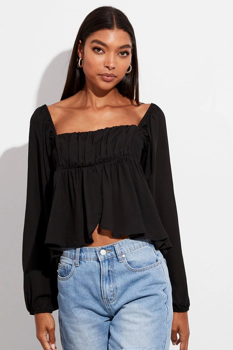 Black Top Long Sleeve Square Neck Shirred Ruched