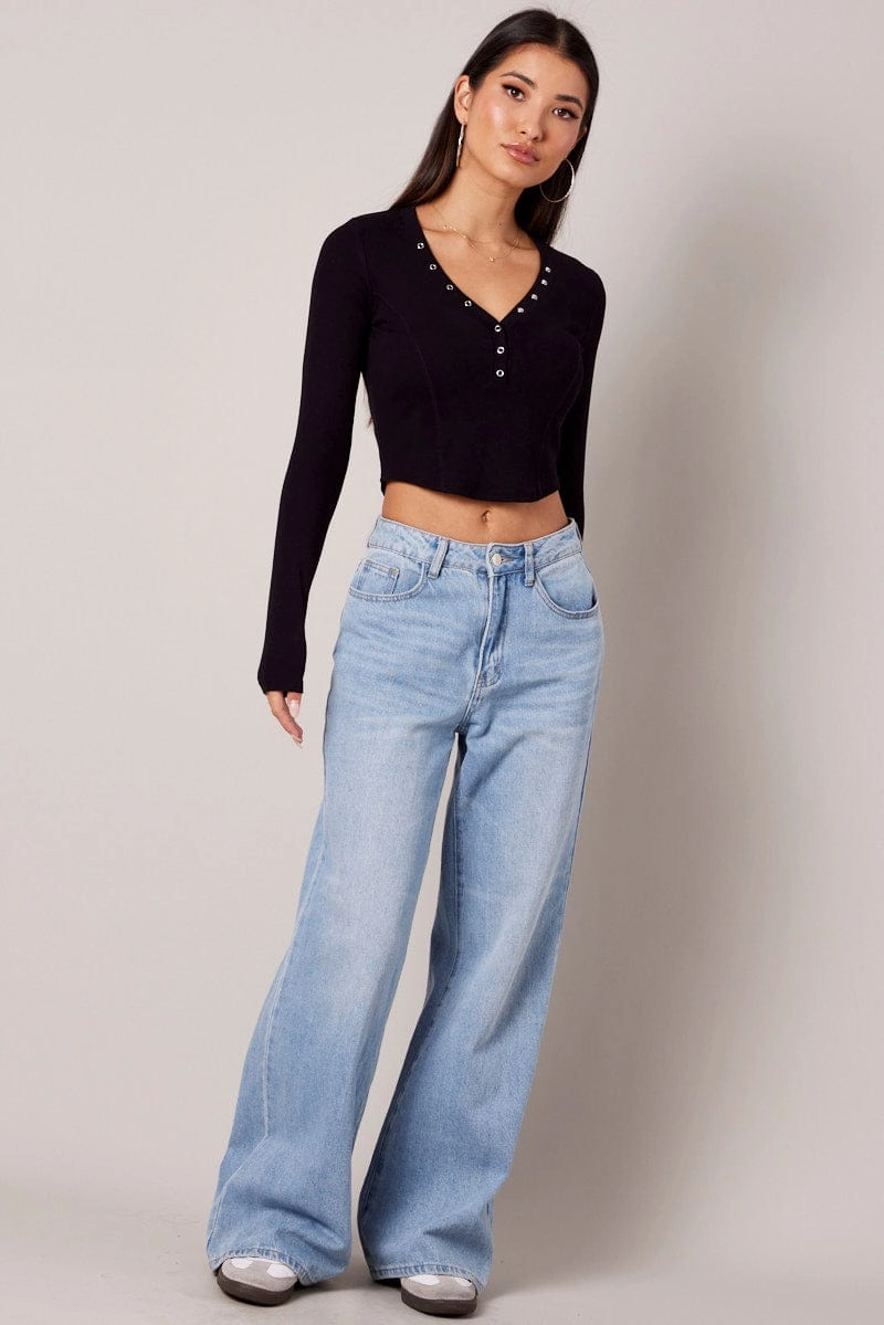 Black V Neck Top Long Sleeve Button Front