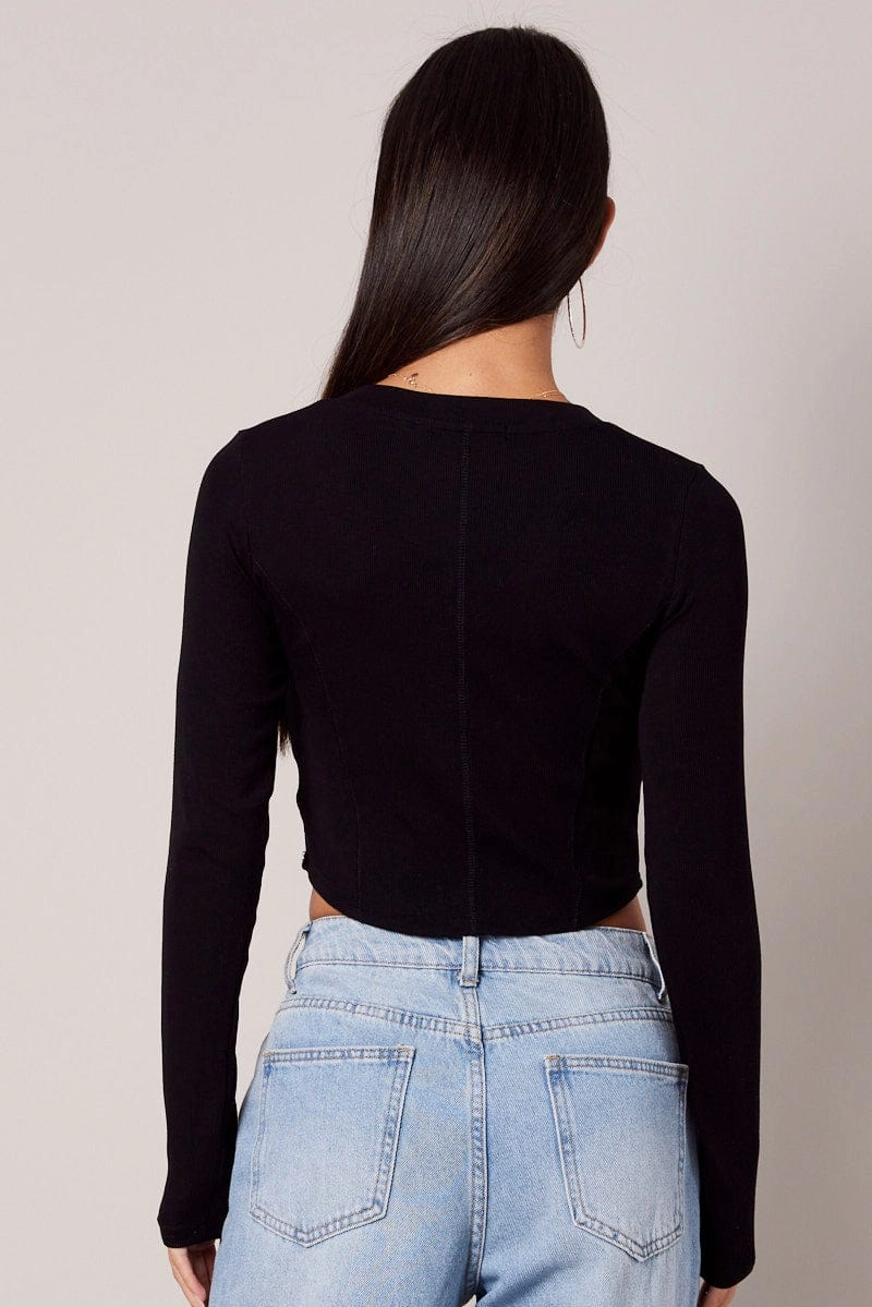 Black V Neck Top Long Sleeve Button Front