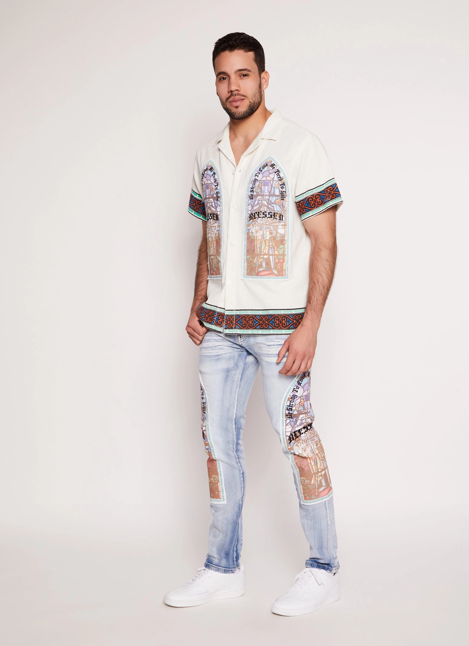 Blessed Stain Glass Graphic Patch Button Front Shirt