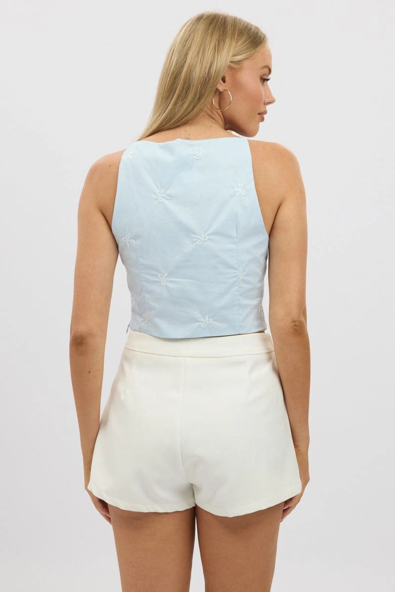 Blue Cami Sleeveless Boat Neck Bow Embroidered