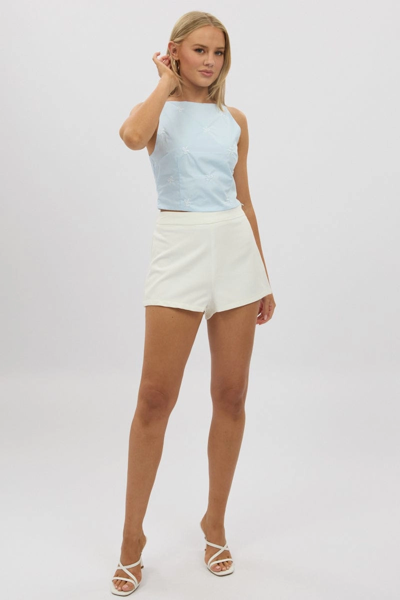 Blue Cami Sleeveless Boat Neck Bow Embroidered