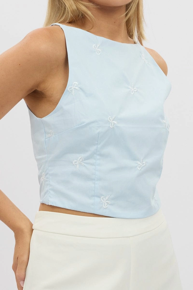 Blue Cami Sleeveless Boat Neck Bow Embroidered