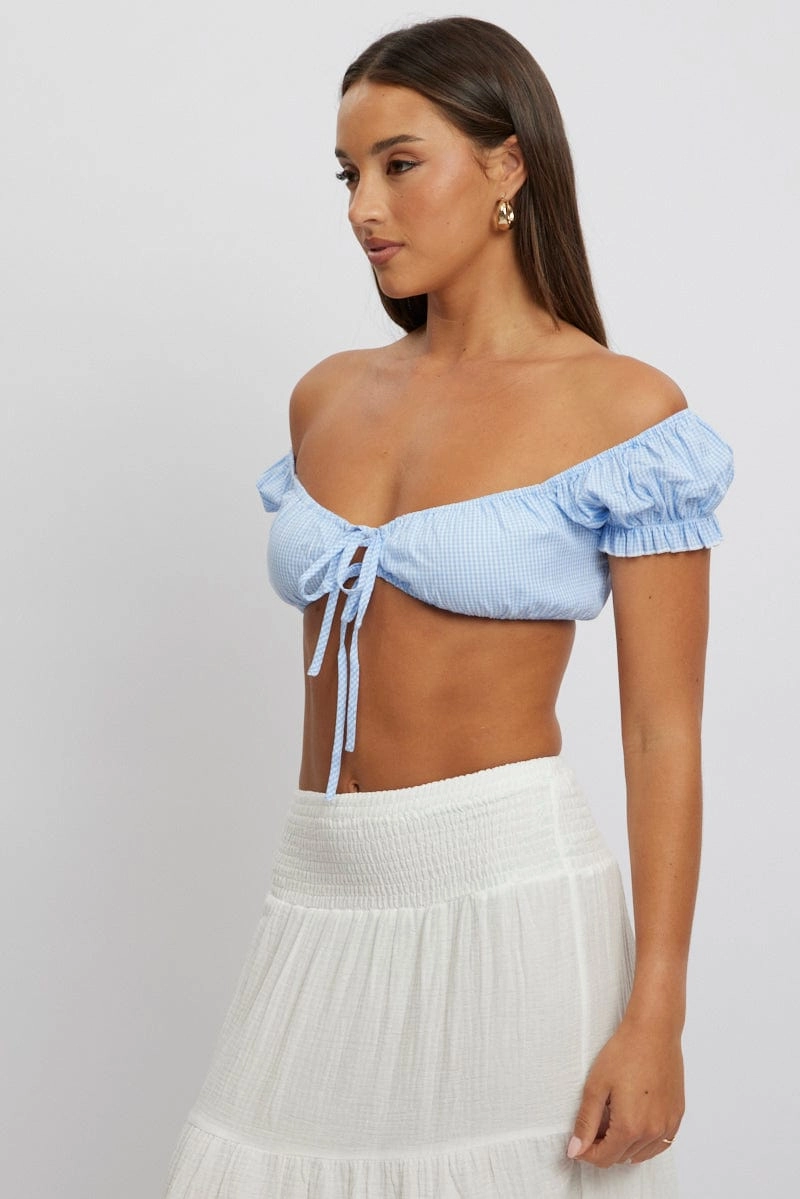Blue Check Crop Top Short Sleeve Tie Front