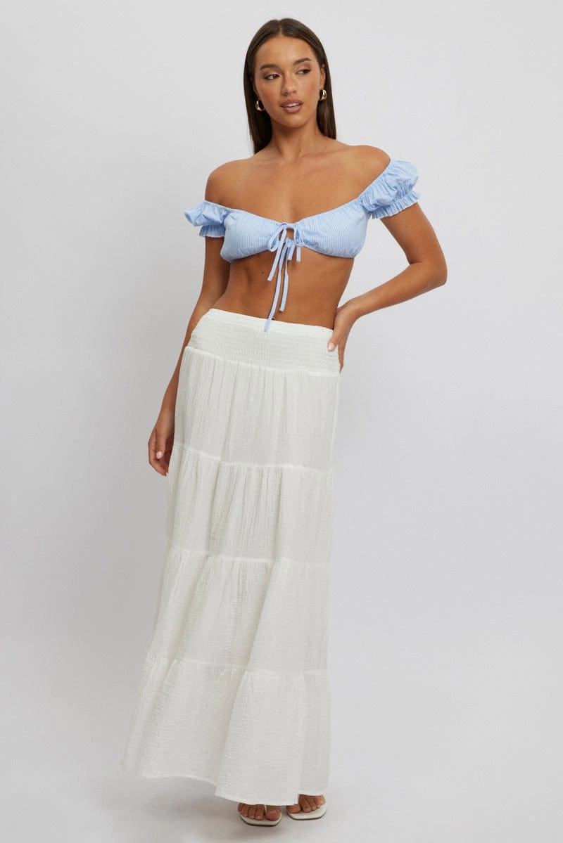 Blue Check Crop Top Short Sleeve Tie Front