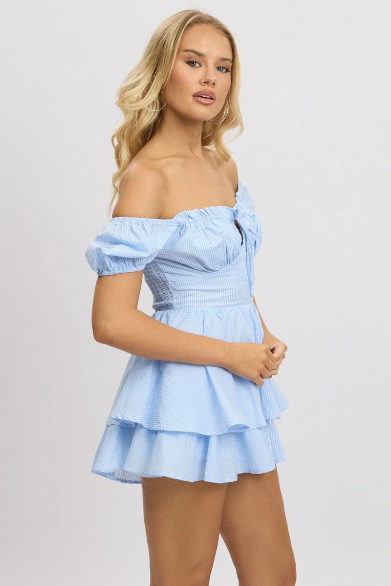 Blue Check Ruffle Playsuit Short Sleeve