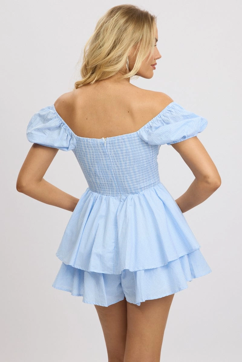 Blue Check Ruffle Playsuit Short Sleeve