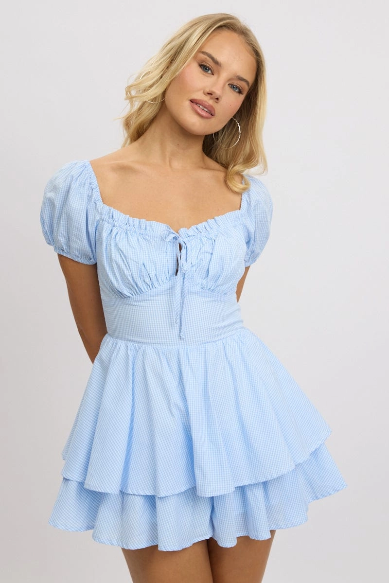 Blue Check Ruffle Playsuit Short Sleeve