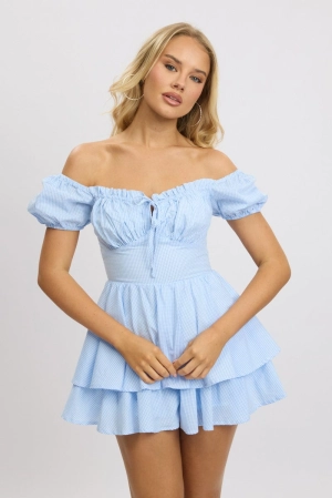 Blue Check Ruffle Playsuit Short Sleeve