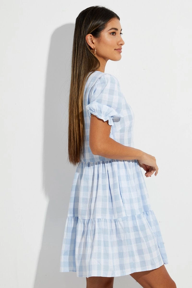 Blue Check Skater Dress V Neck Puff Sleeve Gingham