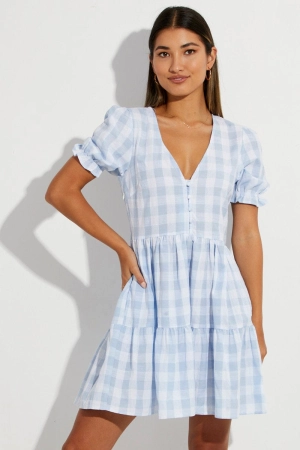 Blue Check Skater Dress V Neck Puff Sleeve Gingham