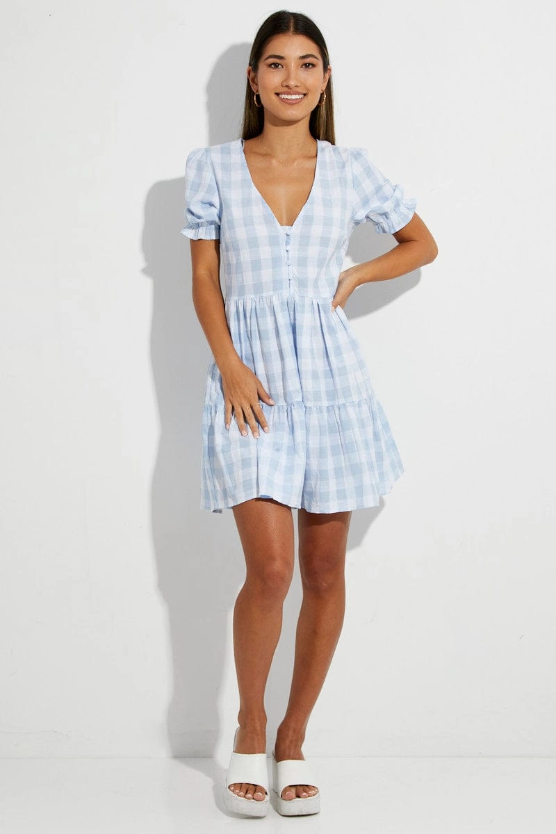 Blue Check Skater Dress V Neck Puff Sleeve Gingham