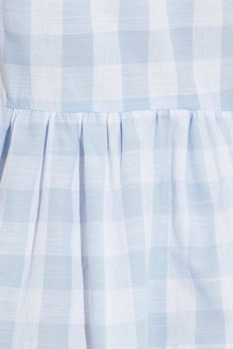 Blue Check Skater Dress V Neck Puff Sleeve Gingham