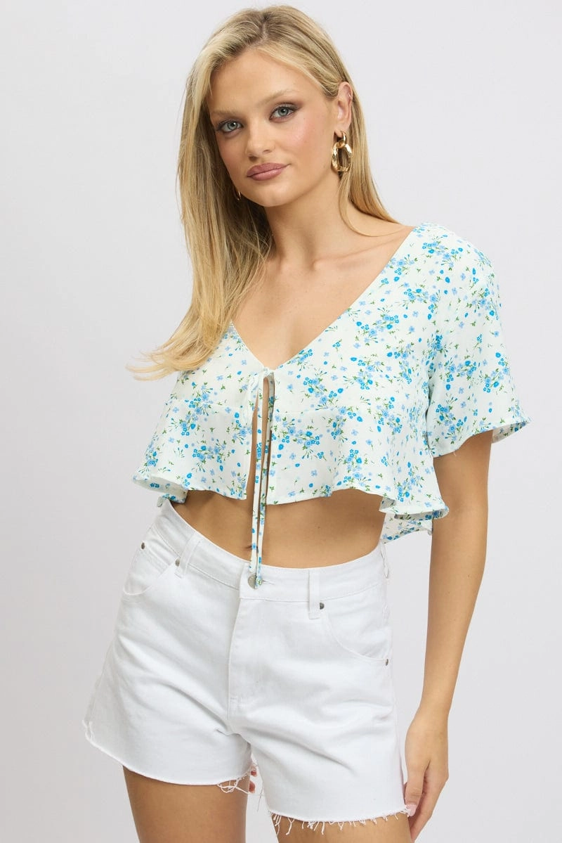 Blue Floral Tie Up Top Short Sleeve Crop
