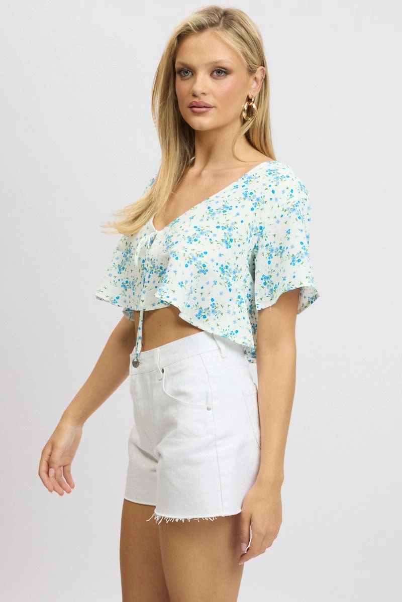 Blue Floral Tie Up Top Short Sleeve Crop