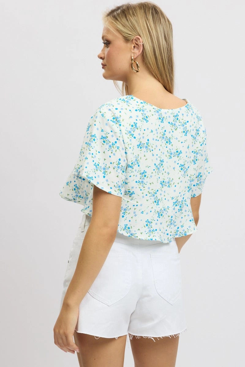 Blue Floral Tie Up Top Short Sleeve Crop